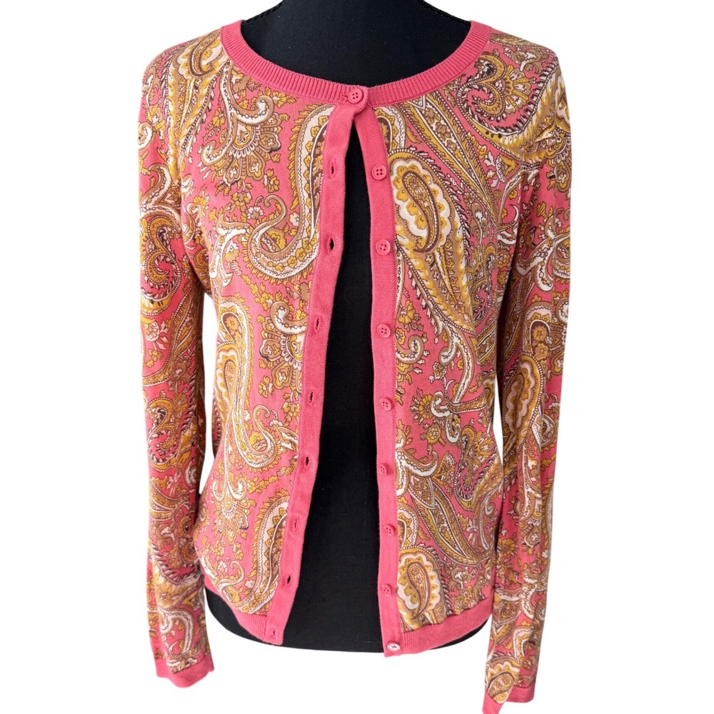 Talbots Pink Paisley Cardigan Sweater XS Cottagecore Preppy Feminine Lightweight